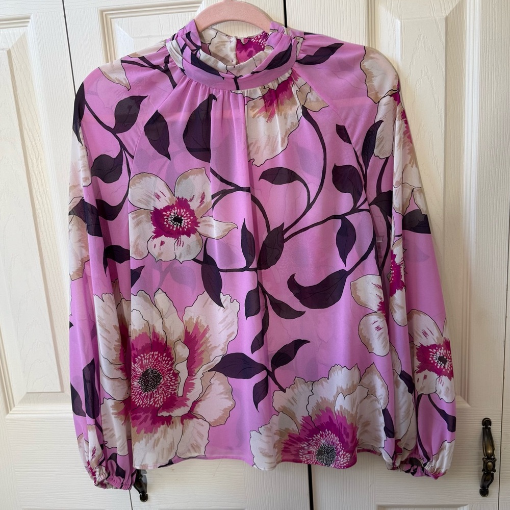 Worthington Purple High Neck Floral Print Long Sleeve Blouse Women’s size Small
